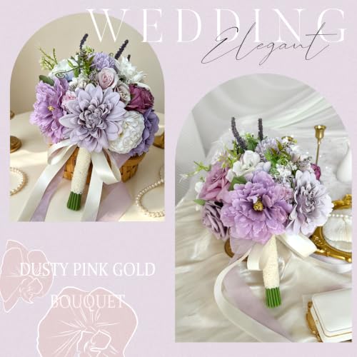 9 Inch Dusty Purple Wedding Bouquets for Bride Bridesmaid, Artificial Fake Lavender Purple Lilac Flowers Bridal Bouquet Spring Fall Boho Vintage Rustic Wedding Decoration Toss Bouquet Prom Anniversary - color: Lavender Purple Lilac