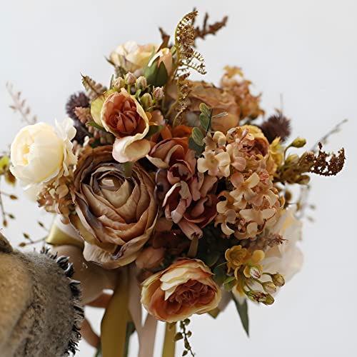 Artificial Wedding Bouquet for Brides Bridesmaid Holding Flower with Greenery Artificial Fabric Rose Wedding Flower Bridal Toss (Vintage Coffee) - color: Vintage Coffee