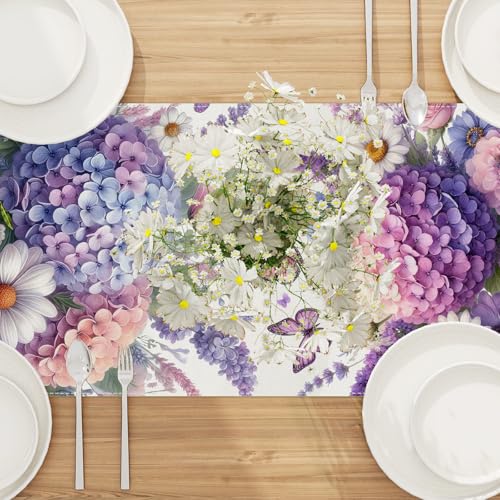 Hydrangea Flowers Spring Table Runner 13x72 Inch Spring Summer Easter Decorations and Supplies for Home Kitchen Dining Room Table Decor
