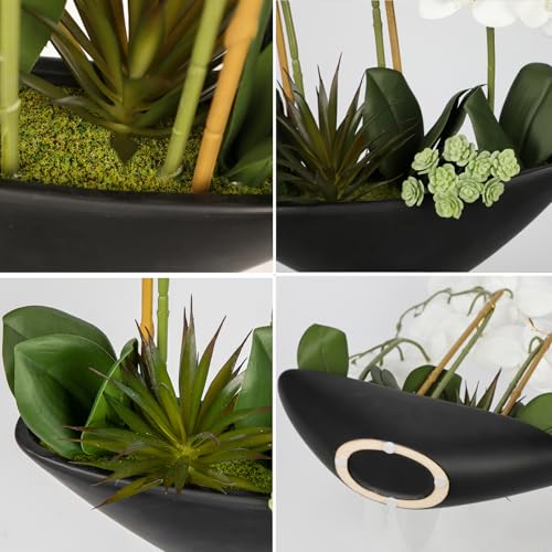 Briful Orchid Fake Flowers 17in White Artificial Orchid Silk Flowers in Black Pot Faux Orchid Arrangement for Home Office Bathroom Dining Table Modern Decoration - color: White Flowers Black Pot