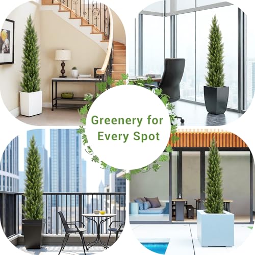 6FT Artificial Topiary Trees Outdoor Set of 2, UV-Resistant Faux Cedar Trees for Outdoor Planters, Tall Evergreen Plants for Front Porch, Entryway, Patio Decor - size: 6ft