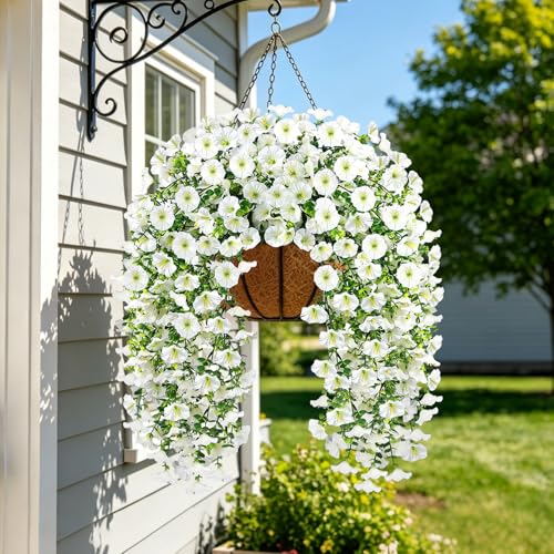 Artificial Flowers for Outdoors, 6-Pack 420 Blooms UV Resistant Hanging Morning Glory Silk Flowers Vines, Realistic Fake Plants Outside Decroation for Porch Patio Balcony Yard Garden (White) - color: White