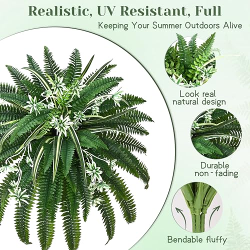 Livole 2 Pcs 48" Fake Ferns, Artificial Ferns for Outdoors Large Faux Boston Fern with 78 Branches Realistic UV Resistant for Planter Indoor Home Garden Porch Hanging Decor - size: 48"-78 Branches-2 Pcs