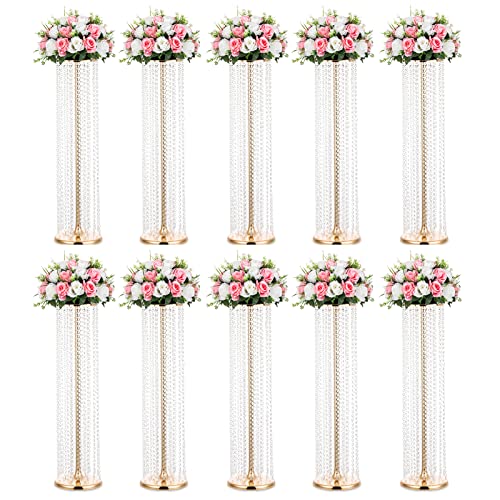 Nuptio Wedding Centerpieces Flower Vases: 10 Pcs 35.4in Tall Crystal Gold Vase Metal Flowers Stand for Party Tables Decorations - Elegant Bulk Weddings Decoration Table Chandelier Centerpiece Stands - color: Gold, size: 10 Pcs 35.4 inch