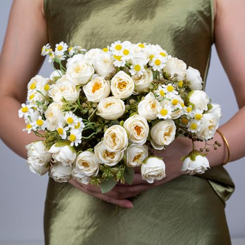 5 Pcs Fake Flowers in Vase Artificial Flower Arrangement Faux Peony Flowers for Wall Decoration Party Home Centerpiece Decor (Cream) - color: Cream