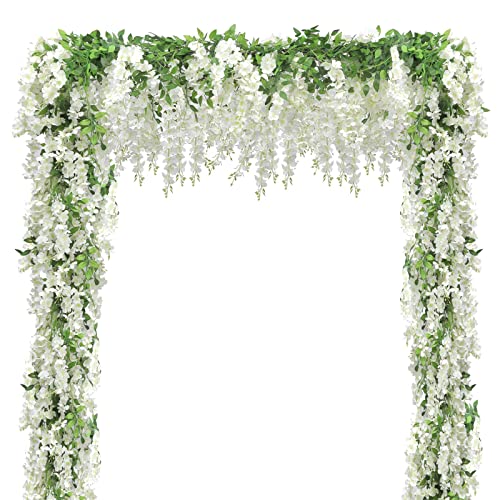 Findosom Wisteria Artificial Flowers Garland, 10Pcs Total 72FT White Wisteria Hanging Flowers, Flower Garland Decorations for Home Garden Outdoor Ceremony Wedding Arch Decoration - color: White, size: 10 PCS