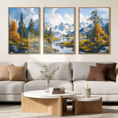 BINCUE Framed Mountain Landscape Wall Art Nature Forest Wall Decor Tree and River Art Print Nature Landscape Artwork Mountain Forest Wall Pictures for Living Room Bedroom Office Farmhouse 16x24 Inches Set of 3 Gift - color: Mountain Nature Landscape, size
