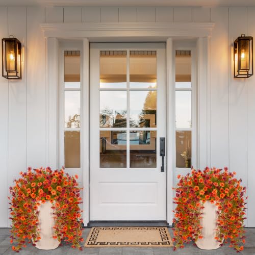 Fake Mums Artificial Fall Hanging Flowers for Outdoors Decoration 2 PCS Faux Mums for Outdoor Planters Fake Plants Look Real Daisy Flower No Fade Autumn Decor for Porch Home Patio Balcony and Yard - color: Orange Brown