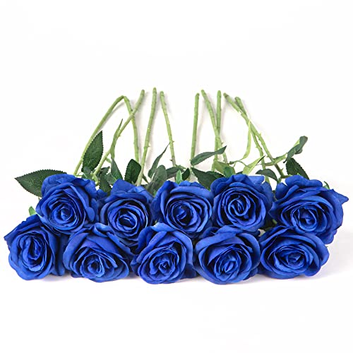 10pcs Royal Blue Silk Roses Artificial Rose Flowers Long Stem for DIY Wedding Bouquet Table Centerpiece Home Decor (Royal Blue) - color: Royal Blue
