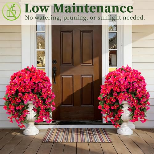 Artificial Bougainvillea Hanging Flowers Plants - 2 PCS faux Bougainvillea flowers with Long Trailing Vines for Outdoor Decoration, Perfect for Porch, Urn Patio Balcony (Rose Red & Red Lotus Mix) - color: Rose Red & Red Lotus Mix