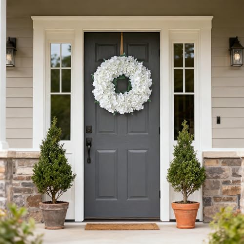 21" Artificial Hydrangea Flower Wreath for Front Door Spring Summer(White) | Premium Material,Long-Term Use,Full and Plump Flower Wreath Greenery,Ideal for Home Mantel Wall Farmhouse Outdoor Decor
