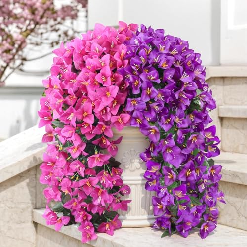 ATTGREAT Artificial Bougainvillea for Outdoors Faux Plants UV Resistant Flowers Fake Plastic Plants Realistic Silk Flowers for Porch Planter Garden Hanging Decoration, 2Pcs (Purple & Purple Red) - color: Purple & Purple Red