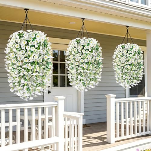 Artificial Hanging Flowers for Outdoors, 6 PCS Silk Morning Glory Artificial Flowers with Eucalyptus Leaves, UV Resistant Fake Flower Realistic Faux Plants for Home Patio Porch Garden Decor, White - color: White