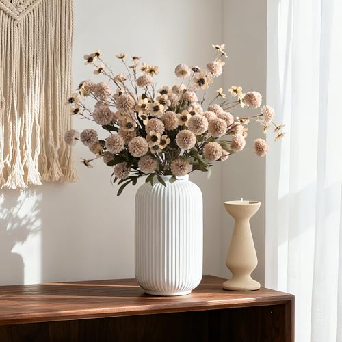 HyeFlora Fake Kiku Flowers, Faux Silk Pompon Mums Artificial Flowers, Chrysanthemum Stems Floral Arrangement Dried Flowers Vintage Decorative Indoor Home Decor Beige with Wax (Vase not Included) - color: 8pcs-beige Wax&kiku