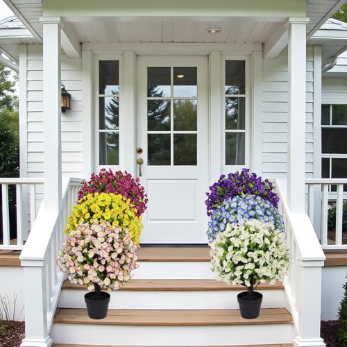 24" Artificial Potted Plants Outdoor Set of 2, UV Resistant Faux Blue Flowers with Eucalyptus, Decorative Plants in Pots for Front Porch, Patio & Entryway - color: Blue, size: 24in Morning Glory Eucalyptus