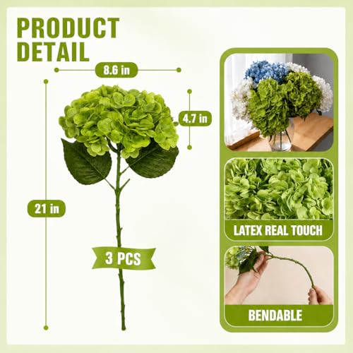3Pcs 21in Hydrangea Artificial Flowers, Latex Real Touch Hydrangeas Bouquets, Lifelike Large Fake Artificial Flowers for Home Office Wedding Party Arrangements Decor (Green) - color: Green