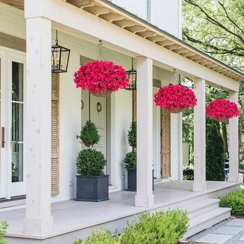 Artificial Fake Hanging Flowers Plants Basket for Outdoors Spring Summer Decoration, Faux Silk Bougainvillea Flowers in Planter UV Resistant Realistic for Outside Porch Patio Garden Yard Home, Hotpink - color: Hotpink