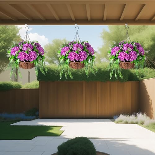Ammyoo Artificial Flowers in Hanging Basket Planter for Home Spring Summer Decoration, Silk Hydrangea Outdoor Indoor Arrangements, 12" Metal Coconut Lining Basket with Faux Plant(Purple) - color: Z-purple With Basket