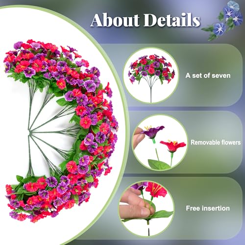 Ammyoo Artificial Fake Hanging Flowers with Basket, Faux Silk Morning Glory Flower Arrangement for Spring Summer Decor, Hanging Plant for Patio Garden Porch Outdoor Decor - color: Lotus Rose