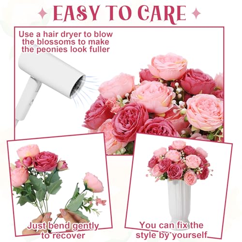 8 Pack Pink, Dark Pink Peonies Artificial Flowers, Fake Silk Hydrangea Bouquet for Bridal Wedding Home Table Decor Reusable Dining Opening Ceremony Birthday Arrangement Faux Floral - color: Pink,dark Pink