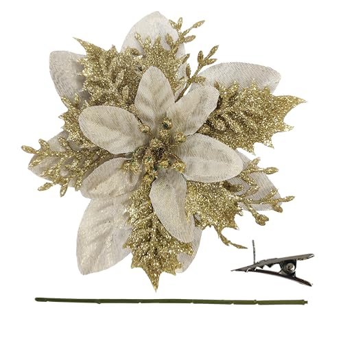 30Pcs Gold Poinsettias Flowers Artificial with Clips, 5.5" Glitter Artificial Flower Poinsettia Decorations Christmas Tree Flower for Xmas Wreath Garland Home Decor (30, Gold)