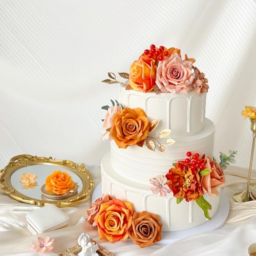 Artificial Flowers Combo Box Silk Burnt Orange Roses with Stems Sunset Terracotta DIY Bridal Wedding Bouquets Fall Boho Cake Fake Floral Arrangements Baby Shower Party Table Centerpieces Home Decor - color: Burnt Orange, Terracotta