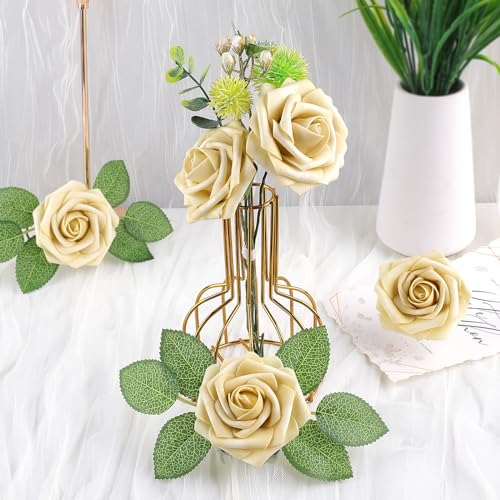 AmyHomie 25pcs Real Looking Artificial Beige Roses w/Stem for DIY Wedding Bouquets Centerpieces Arrangements Party Baby Shower Valentines Day Christmas Tree Decorations - color: Beige