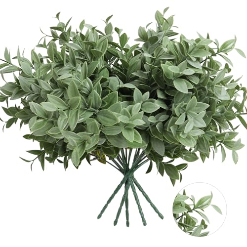 6 Bundles Artificial Greenery Stems, 14.5" Fake Lucky Bamboo Leaves Faux Outdoor Plants UV Resistant Plastic Shrubs for Outside Home Garden Wedding Patio Porch Farmhouse Pathway Indoor Decorations - color: Light Green