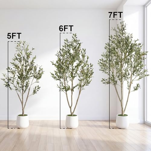 7FT Artificial Olive Tree Indoor with White Pot Tall Planter, Faux Olive Tree with Natural Wood Trunk and Lifelike Fruits for Home Office Living Room Decor - size: 7ft
