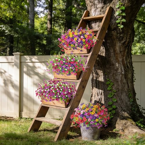 Ammyoo Artificial Flowers for Outdoors Spring Decoration, 12 Bundles Fake Flower Daisy with Realistic Eucalyptus Leaves, Faux Plants for Greenery Boxwood Porch Patio Garden Pot Lawn - color: Purple Deep-purple Rose-red Pink Yellow Red