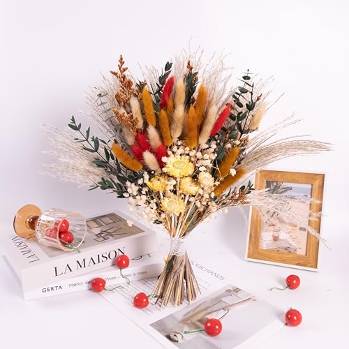Handmade Bohemian Dried Flower Bouquet – Spring Summer Flowers Arrangement with Strawflower, Pampas Grass, Bunny Tails & Eucalyptus – Rustic Farmhouse, Shelf, Dining Table & Home Decor