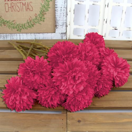 Tinsow 12Pcs Artificial Chrysanthemum Flowers Faux Bright Red Ball Flowers Burgundy Fall for Christmas Autumn Farmhouse Home Decoration (12,Bright Red) - color: Bright Red
