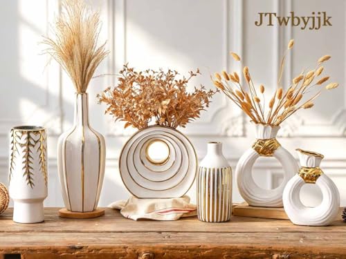 Ceramic Flower Vase, White and Gold vase, 12in Ceramic vases for Home Decor Leaf Pattern Decorative Centerpiece Vases, Vintage-vase for Table, Dining Living Room, Entryway, Office House Decoration - size: 12 Inch