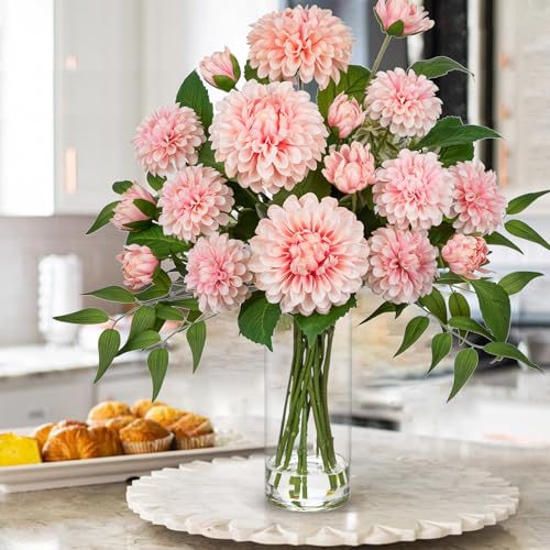 Hollyone Pink Fake Flowers in Vase Dahlia Artificial Flowers in Glass Vase with Faux Water Dahlia Silk Flower Arrangements for Bathroom Office Table Centerpiece Shelf Decorations Home Decor - color: Pink