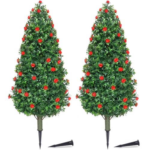 PATIO CHOICE 3ft Artificial Topiary Trees with Rose Set of 2 Outdoor Faux Plants Realistic Faux Bushes and Shrubs Decorations for Outdoor Front Porch Garden (Rose, 36in) - color: Rose, size: 3ft