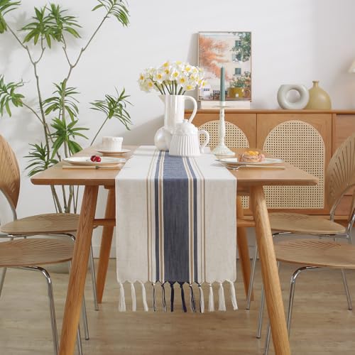 Niviy Blue Table Runner 72 Inches Long with Tassels, Summer Blue Decor Washable Embroidered Striped Braided Boho Table Runners for Wedding Bridal Baby Shower Decoration 12 x 72 Inches - color: Blue, size: 12 x 72 Inches
