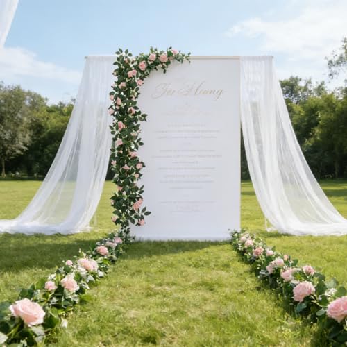 2 Pack 11.2 Ft Artificial Flower Garland with Pink Roses, Realistic Fake Greenery Vines with 17 Roses Flowers for Wedding Table Centerpieces Arch Party Ceremony Backdrop Decor(Pink) - color: Pink