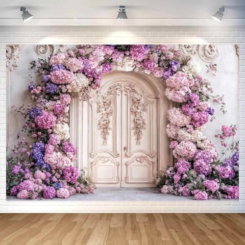7X5ft Flower Backdrop Purple Floral Arch Retro Door Photography Backdrops Modern Interior European Style Wall Decoration Wedding Portrait Background Studio Photo Booth Props - color: Multi3, size: 7X5ft