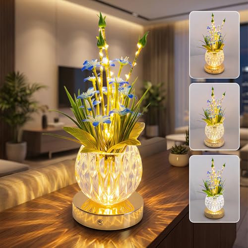 Flower Table Lamp, Mini Lily Table Decor with 3 Colors Dimmable, Artificial Flowers Night Light, Rechargeable Glass Lamp Small Desk Lamp for Party Holiday Home Decoration (Blue - Lily) - color: Blue - Lily