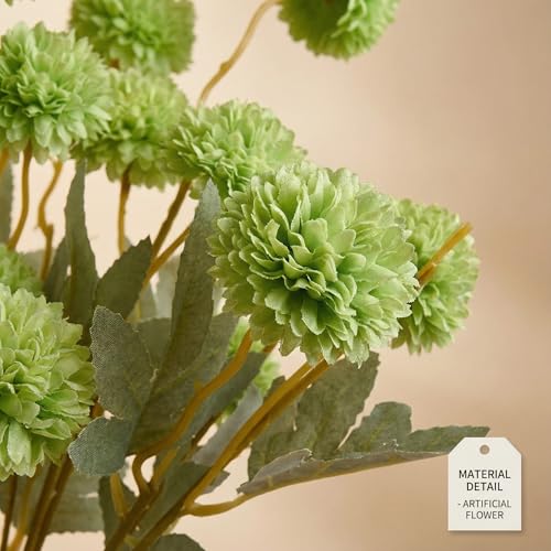 Mandy's 6 Stems Silk Green Kiku Ball Flowers | Artificial Chrysanthemum Stems for Home Summer Décor Realistic Faux Floral Arrangement Minimalist Elegant Style - color: Green