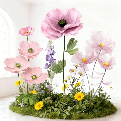 Standing Corn Poppy, Giant 5.58ft Life-Size Faux Blooms with Flexible Stem Metal Base Oversized Wedding Arch Decor,Garden Window Display (Pink,1) - color: Pink