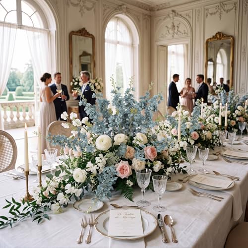 6PCS Dusty Blue Delphinium Artificial Flowers, 34.25" Long Stems Silk Larkspur Dusty Blue Flowers for Tall Vase Faux Delphinium for Wedding Centerpieces Home Decor Indoor - color: Dusty Blue