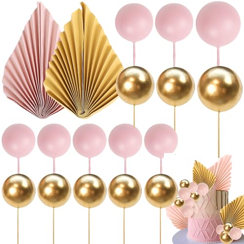 28 Pack Pink Gold Balls Cake Toppers, Palm Leaves Cake Decorations, DIY Foam Balls Paper Palm Leaf Cake Insert Toppers Decorations for Birthday Wedding Baby Shower Party Decorations - color: Pink Gold