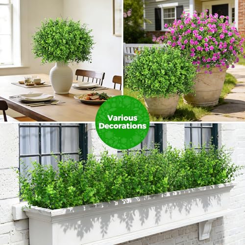 Roberly 24 Bundles Artificial Greenery Stems, UV Resistant Eucalyptus Fake Plants Outdoor Shrubs Greenery Plastic Plants for Garden Porch Window Box Farmhouse Indoor Home Office Decor, Green - color: Green