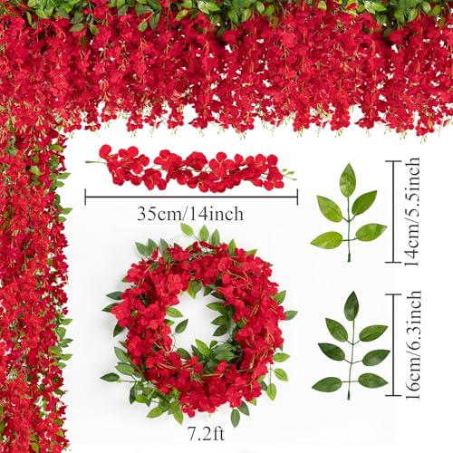 U'Artlines 10Pcs 7.2 Ft/Piece Artificial Wisteria Garland Silk Fake Red Wisteria Flowers Hanging Greenery Vines Garlands Rattan for Home Garden Wedding Arch Party Indoor Outdoor Décor - color: Red