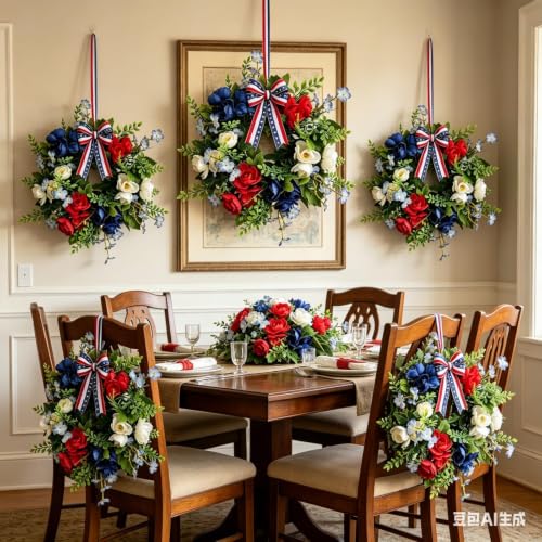 6 Pcs Small 4th of July Hanging Wreaths for Cabinets with Red Blue Artificial Mini Independence Day Pillar Candle Ring Wreath for Patriotic Independence Day Memorial Day Porch Front Door - color: Patriotic