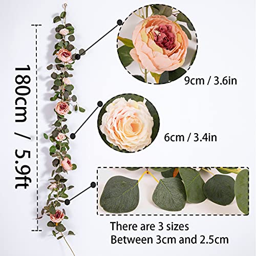 MISSPIN 2pcs Artificial Flowers Garland Spring Eucalyptus Garland Vintage Fake Flower Peony Rose Vine Greenery Decorative Wall Hanging Plant for Wedding Arch Door Arrangement Party Decor - color: Vintage Pink,2