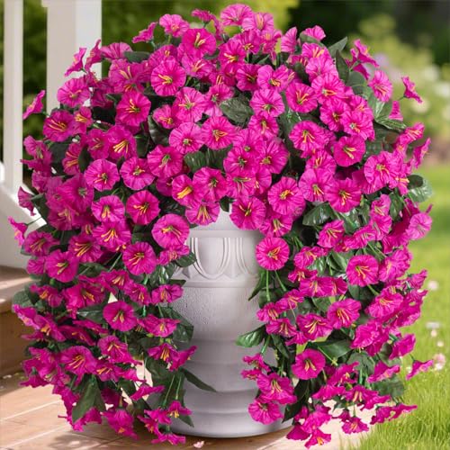 HyeFlora Artificial Fake Hanging Flowers Plants for Outdoor Outside Decoration, 2PCS Faux Silk UV Resistant Look Real Fuchsia Morning Glory Trailing Vines for Home Planter Porch Patio - color: Fuchsia 2