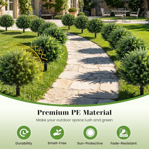 Goplus 27.5" Artificial Cypress Topiary Trees Set of 2, Faux Topiary Bushes Shrubs with Ground Spikes, Indoor Outdoor Sun-Resistant Fake Evergreen Shrub Plants for Front Porch, Patio, Home Decoration - color: Cypress