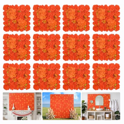 Artificial Flower Wall Backdrop 12Pcs 16.5x16.5 Inch Silk Roses Floral Panels Ideal for Fall Weddings Thanksgiving Backdrops and Seasonal Home Elegance - Orange - color: Orange, size: 16.5inch